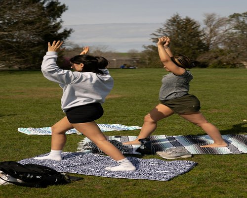 Women doing stretching exercises outdoors in nature